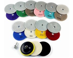 Diamant Polijstpads Set - 14 Delig - 100 mm - Korrel 50-8000 - M14 Steunschijf - Voor Marmer, Graniet, Beton, Tegels en Natuursteen