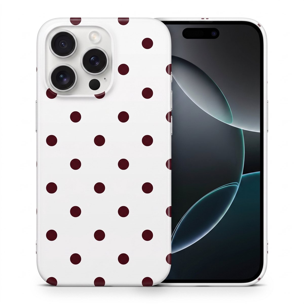 Hoesje geschikt voor iPhone 16 Pro Max – Polka Dots – Exclusief Design – Polycarbonaat – Wit en Bordeaux