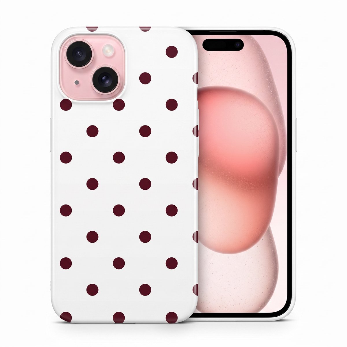 Hoesje geschikt voor iPhone 14 Plus – Polka Dots – Exclusief Design – Polycarbonaat – Wit en Bordeaux