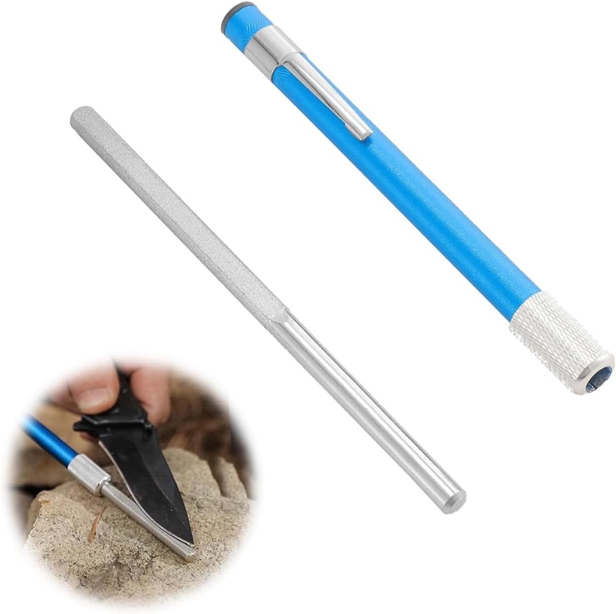 Gekartelde Messenslijper - Blauw - 12,5 x 1 cm - Draagbare Slijpstift van Hoogwaardig Materiaal - Voor Keuken- en Jachtmessen