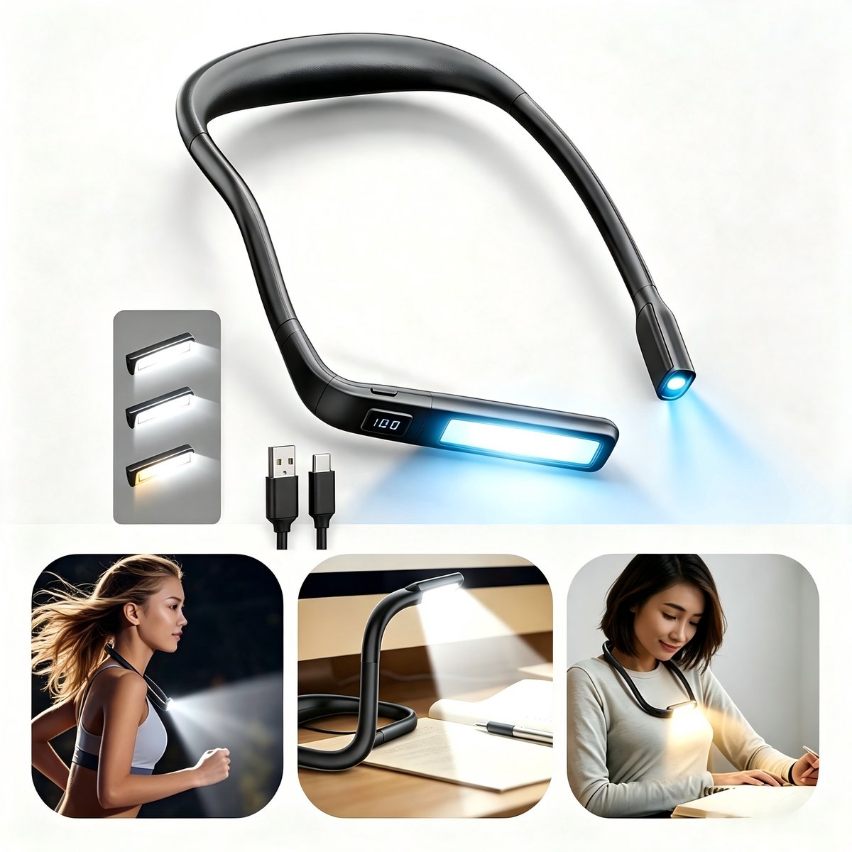 LED Neklamp Oplaadbaar - Draadloze Leeslamp met 3 Lichtkleuren en Traploze Dimfunctie - 270° Draaibare Lampkop - USB-C Boeklamp voor Lezen, Studeren en Nachtgebruik