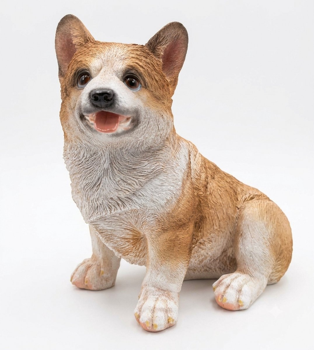 DecoHond Corgi Puppy Beeld – Zittend met Open Bekje – Bruin/Wit – Binnen & Buiten – Polystone – 20 cm Hoog – Realistisch Hondenbeeldje – Decoratie Woonkamer & Tuin