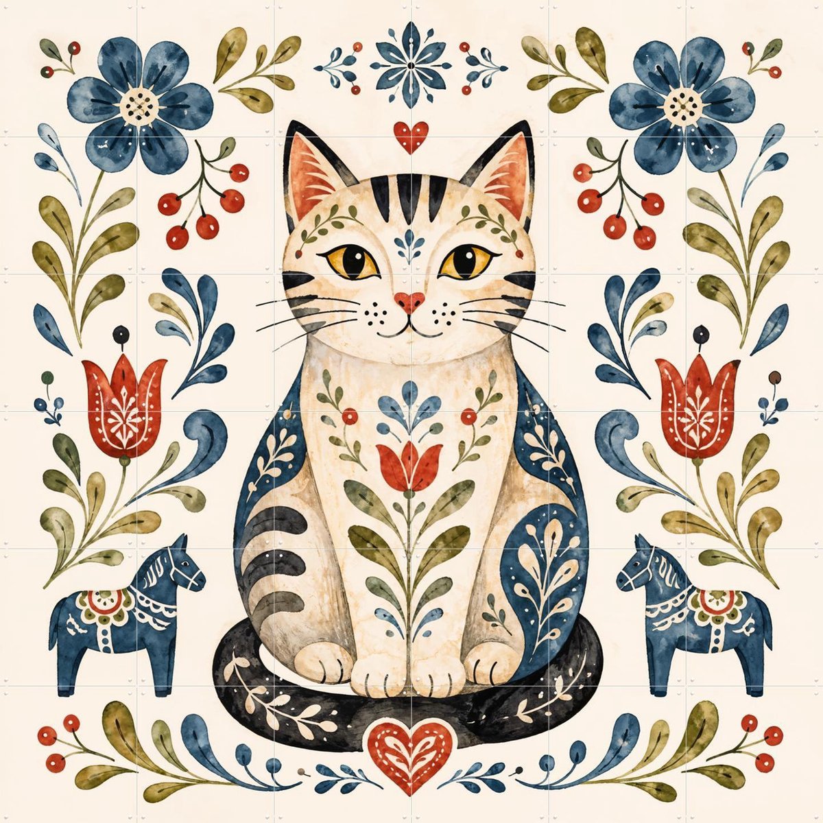 IXXI Scandinavische Folk Art - Kat met Bloemen, Natalie Bruns - 120 x 120 cm - Gratis ophangtool - Grote wanddecoratie en posters - Speels