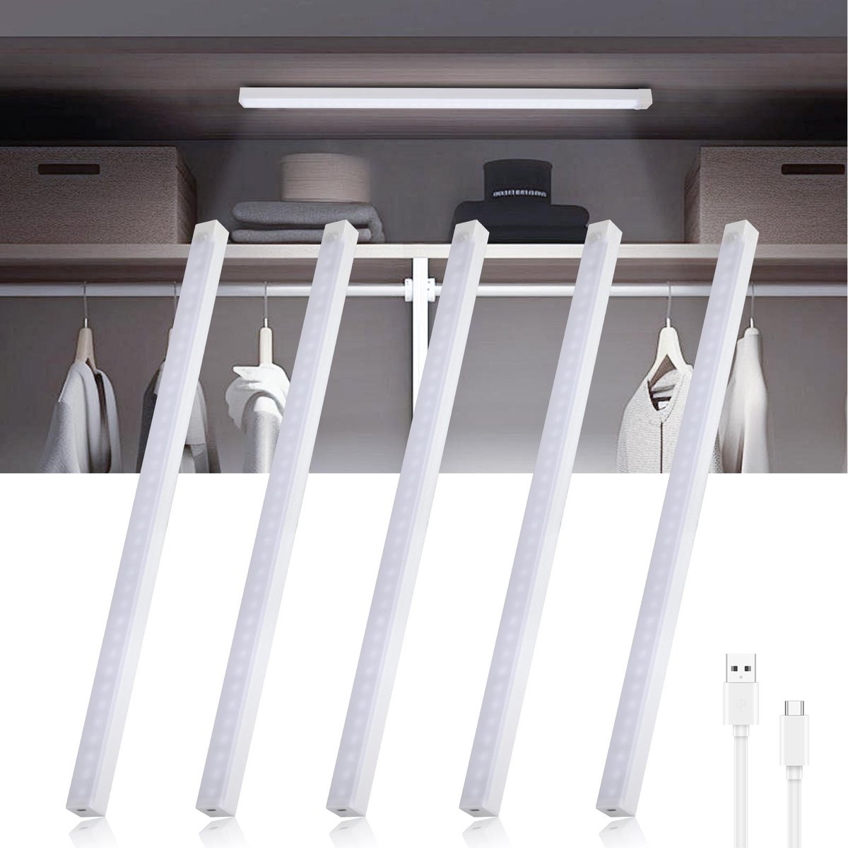 Oraymin 5 Stuks LED Kastverlichting met Bewegingssensor – 50 cm – 6000K Koel Wit – USB Oplaadbaar