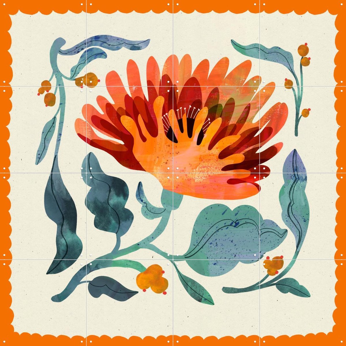 IXXI Orange Flower, Lena Addink - 80 x 80 cm - Gratis ophangtool - Grote wanddecoratie en posters - Speels, Illustraties, Eetkamer, Woonkamer