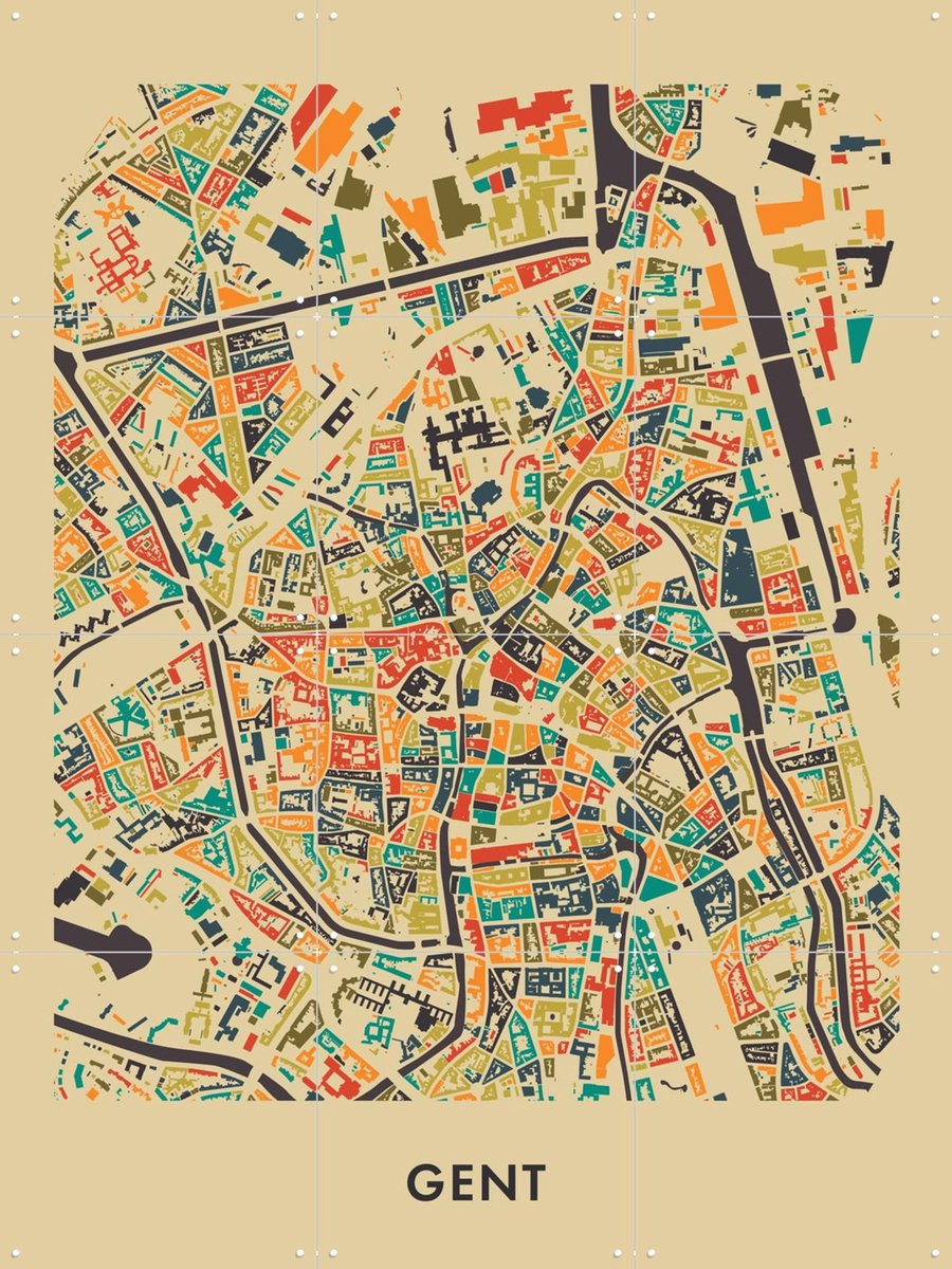 IXXI Gent Mosaic Map, Kunst in Kaart - 60 x 80 cm - Gratis ophangtool - Grote wanddecoratie en posters - Digitale Kunst, Illustraties, Kleurrijk