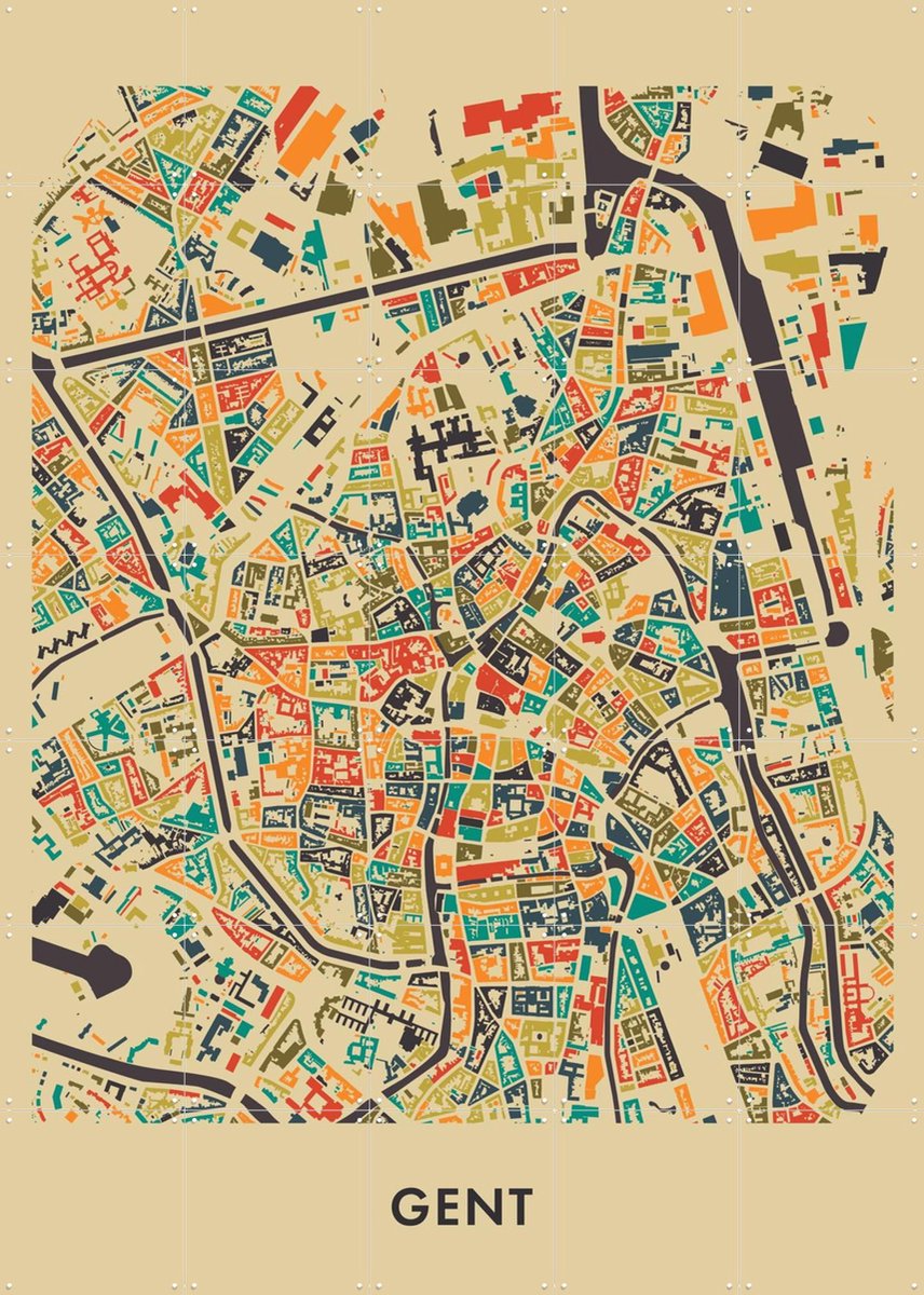 IXXI Gent Mosaic Map, Kunst in Kaart - 100 x 140 cm - Gratis ophangtool - Grote wanddecoratie en posters - Digitale Kunst, Illustraties, Kleurrijk