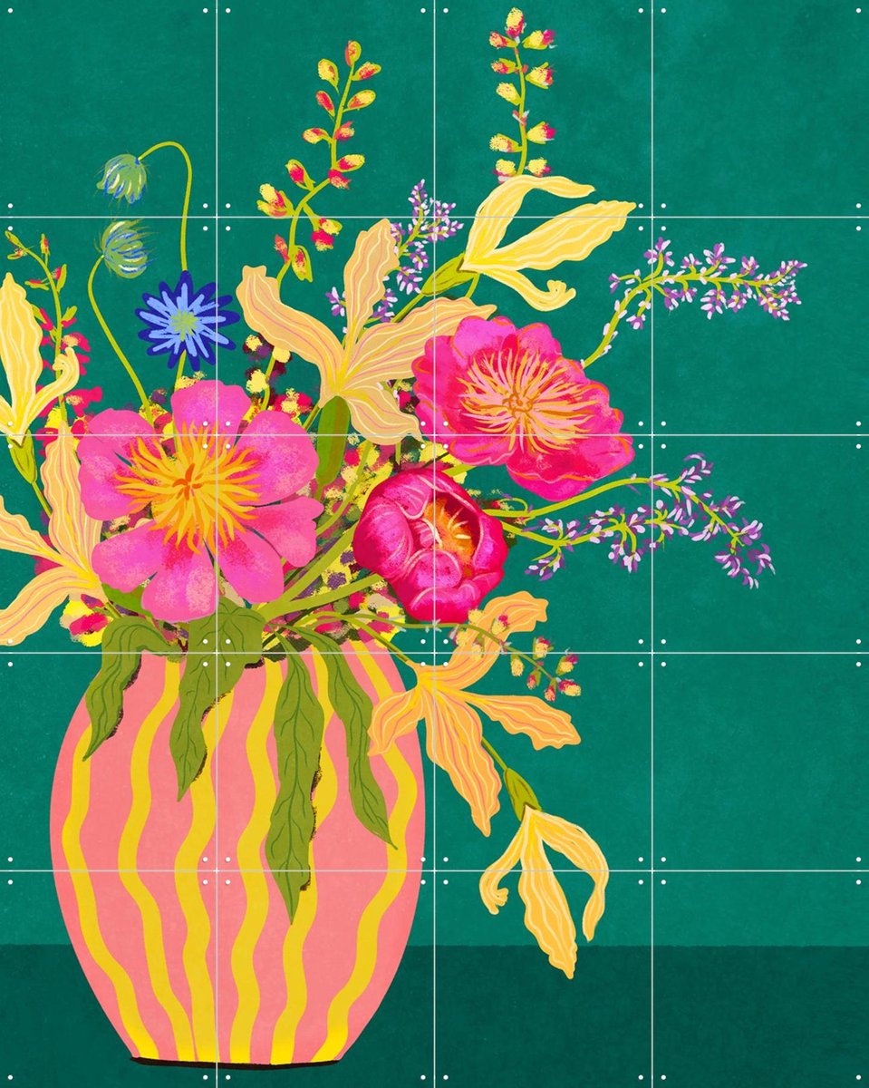 IXXI Bouquet With Peonies, Raissa Oltmanns - 80 x 100 cm - Gratis ophangtool - Grote wanddecoratie en posters - Cartoonesk, Illustraties, Retro