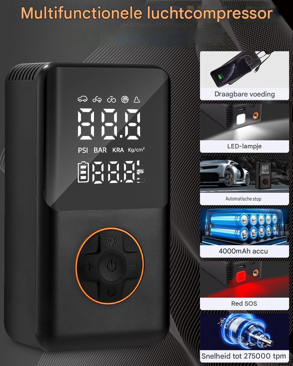 Draagbare bandenpomp 150 PSI - digitale drukmeter, 3x sneller, voor auto en fiets, zwart,Mini luchtcompressor voor motor, fiets en ballen thumbnail 6