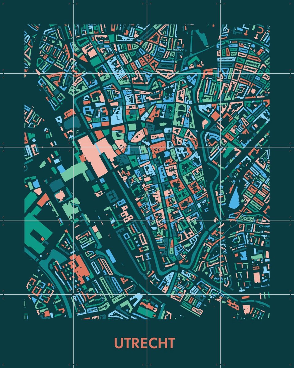 IXXI Utrecht Mozaïek Teal, Kunst in Kaart - 80 x 100 cm - Gratis ophangtool - Grote wanddecoratie en posters - Kleurrijk, Geometrische Kunst