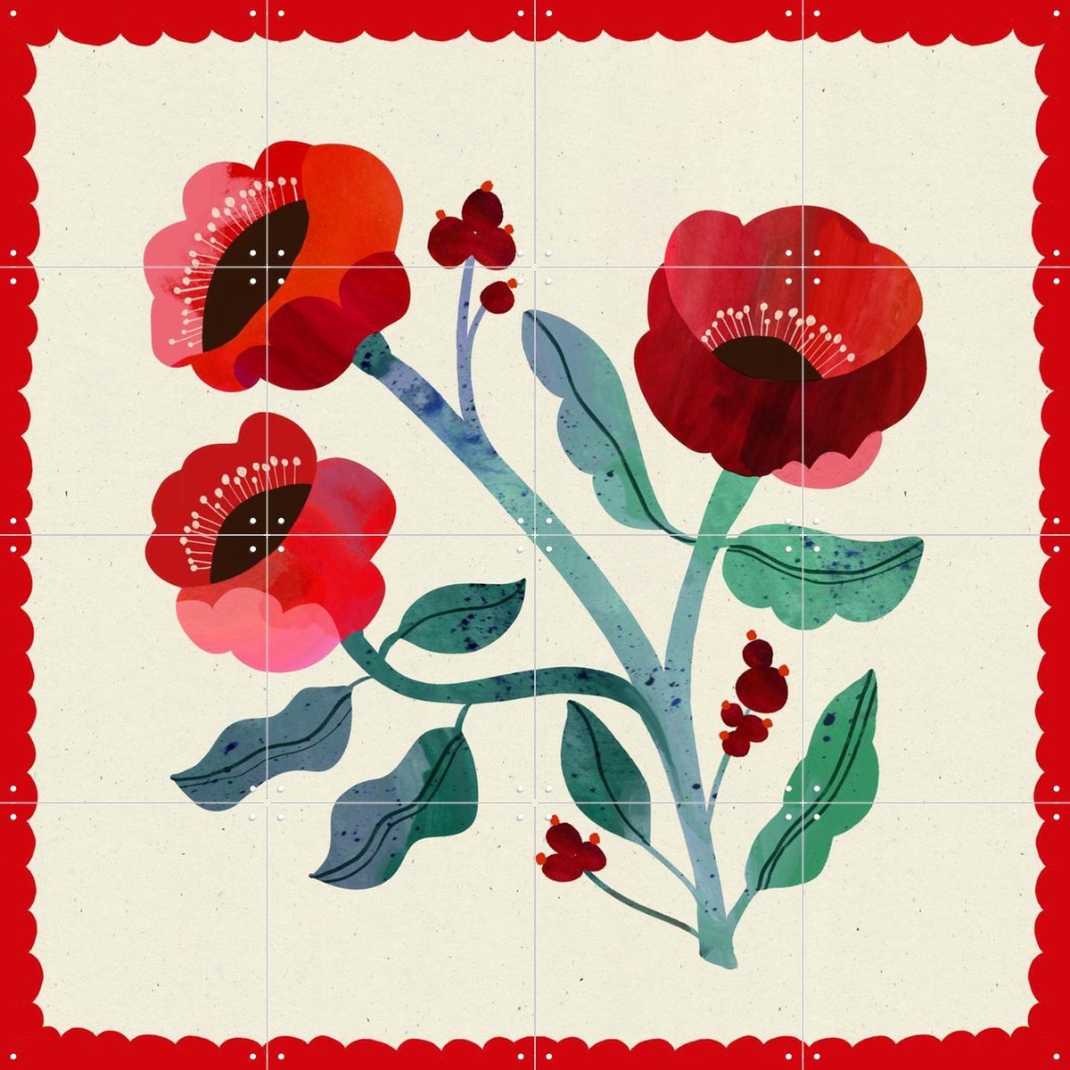 IXXI Red Flower, Lena Addink - 80 x 80 cm - Gratis ophangtool - Grote wanddecoratie en posters - Illustraties, Speels, Woonkamer, Slaapkamer