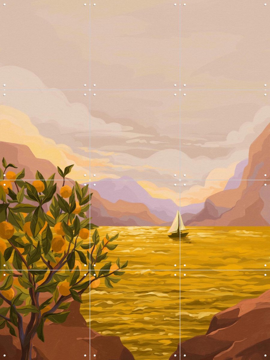 IXXI Golden Sunset, Goed Blauw - 60 x 80 cm - Gratis ophangtool - Grote wanddecoratie en posters - Modern, Digitale Kunst, Aquarel, Impressionisme