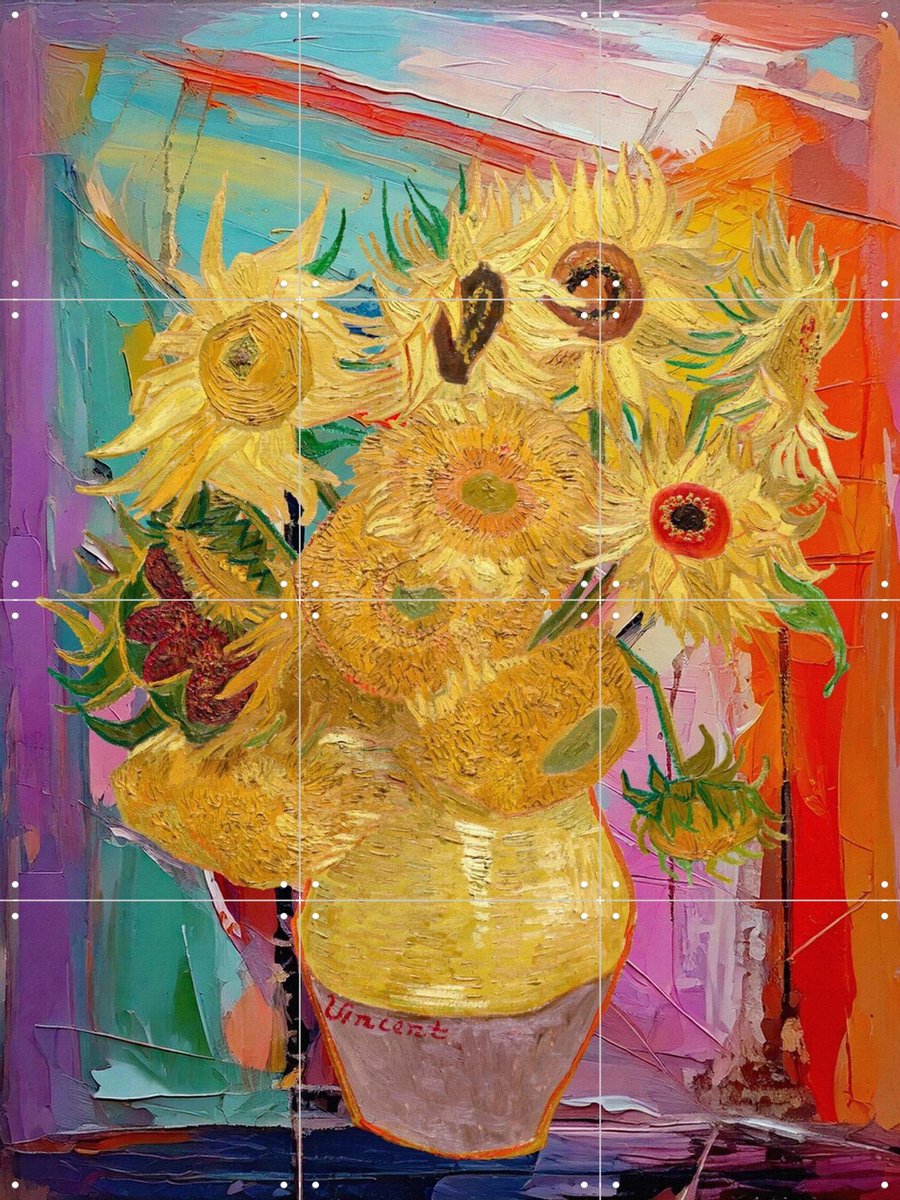 IXXI Zonnebloemen, Moonheart Artworks - 60 x 80 cm - Gratis ophangtool - Grote wanddecoratie en posters - Kwaststreken, Eetkamer, Woonkamer