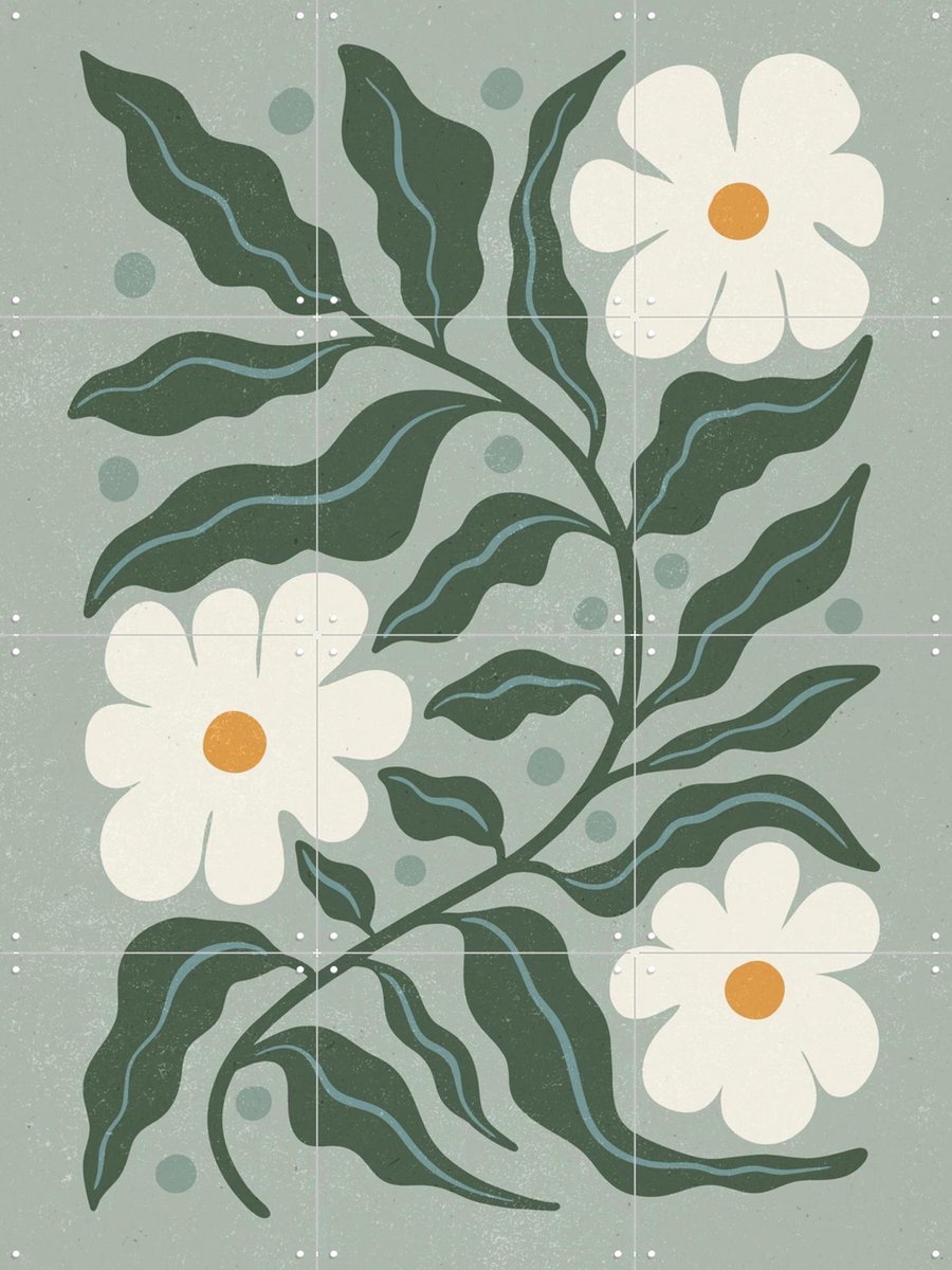 IXXI White Daisies and Green Leaves, Katarzyna Gąsiorowska & Various - 60 x 80 cm - Gratis ophangtool - Grote wanddecoratie en posters - Modern