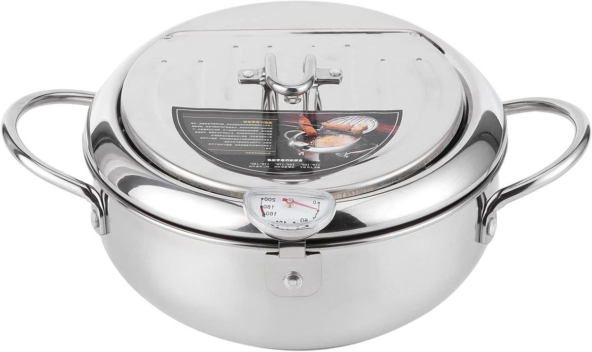 Friteuse met Thermometer - Japanse pan - Perfect Frituren - Roestvrij staal - 27 x 26 x 12 cm - Zilver