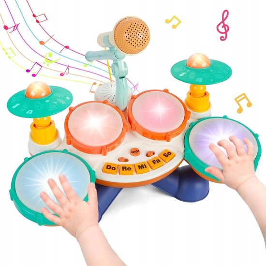 Drumstel voor Kinderen - Speelgoed Drumset - Muziekinstrumenten Set - 4 Drums & 2 Bekkens & Piano - Licht en Geluid - Montessori - Voor Kinderen 1-3 Jaar - Educatief Speelgoed — afbeelding 5