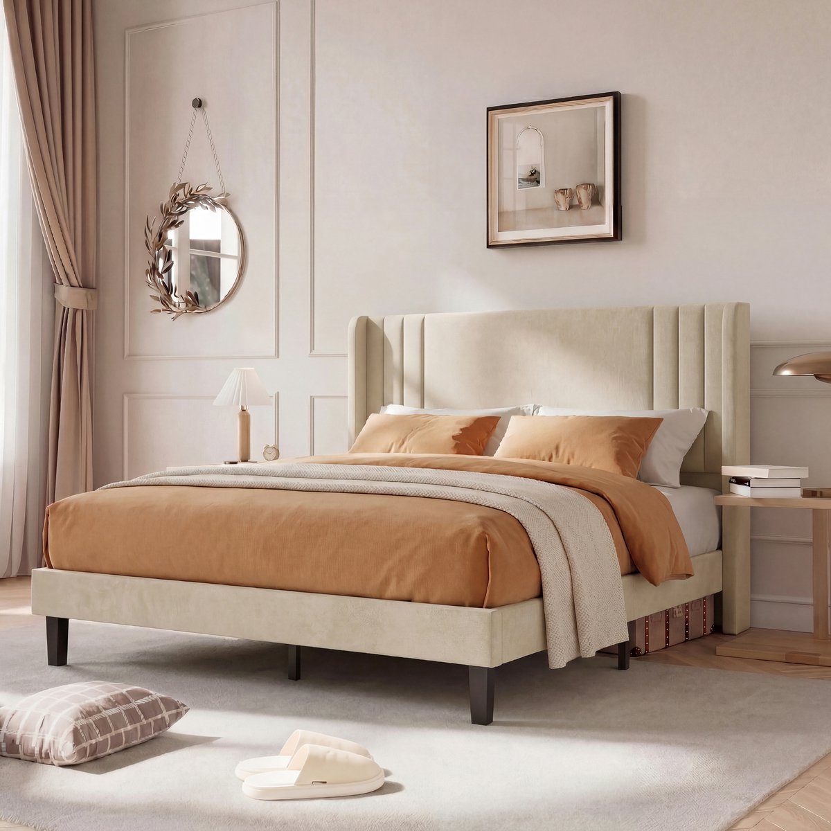 Gestoffeerd bed 140x200 cm, Tweepersoonsbedframe met lattenbodem en gestoffeerd hoofdbord, gewatteerd bed voor volwassenen, tieners en logeerkamers, Linnen Beige