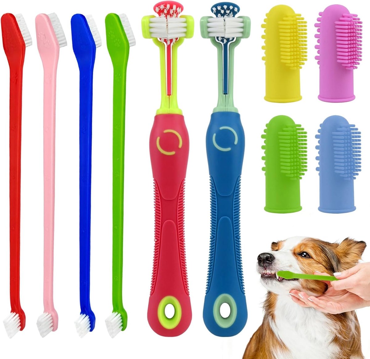 Tandenborstelset, 10 stuks, voor honden en katten, 2 stuks hondentandenborstels met 3 koppen, 4 dubbele koppen, 4 vingertandenborstels, 360° reiniging, voor kleine en grote honden, gezinnen met