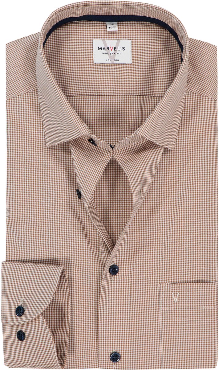 MARVELIS modern fit overhemd - popeline - lichtbruin met wit geruit - Strijkvrij - Boordmaat: 41 (EU maat: L)
