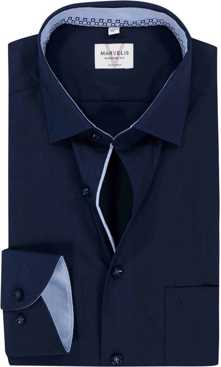 MARVELIS modern fit overhemd - popeline - donkerblauw - Strijkvrij - Boordmaat: 40 (EU maat: M)