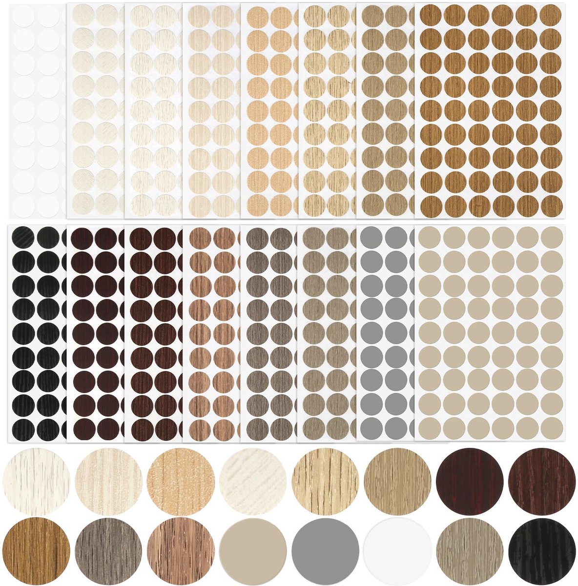 16 vellen schroefgatstickers, Ø 21 mm, zelfklevende schroefafdekking, 864 stuks afdekkappen voor boorgaten, houttextuur, meubels, schroefgat, afdekkapjes, stickers (16 kleuren)