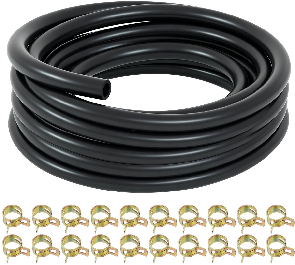 5 mm benzineslangset, 2,4 meter, zwarte brandstofslang, met 20 slangklemmen, benzineslang, brandstofleiding, op maat te snijden, voor grasmaaier, generator, tractor, auto en kleine motoren
