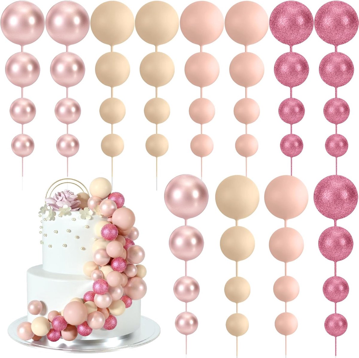48 stuks taarttoppers, decoraties, ballon, cupcaketoppers, schuim, taarttoppers, ballen, taartballen, decoraties voor verjaardagsfeest, bruiloft (glitterroze, roségoud, lichtbruin, abrikoos)