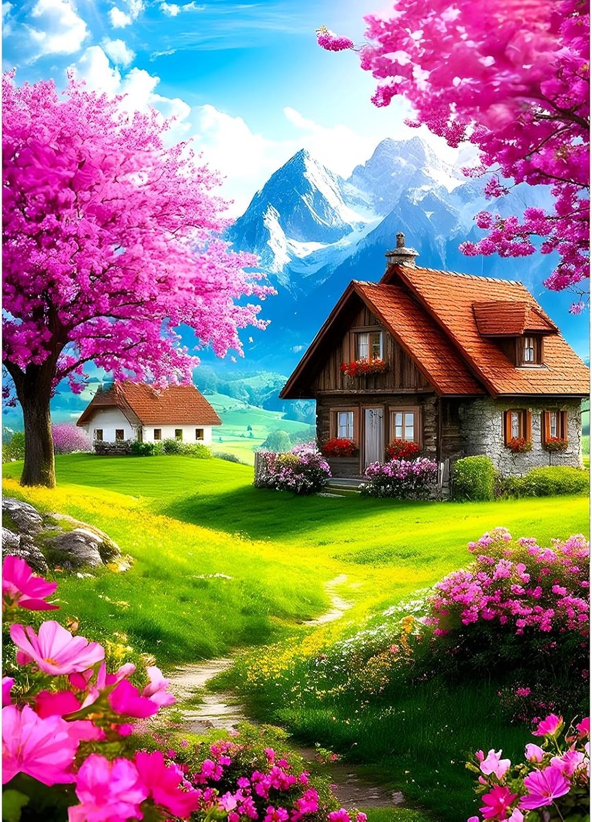 5D weide bloemen diamant schilderij kit, doe-het-zelf hut diamant kunst complete kits, besneeuwde berg diamant kunst kits strass kruissteek schilderij voor volwassenen beginners woondecoratie