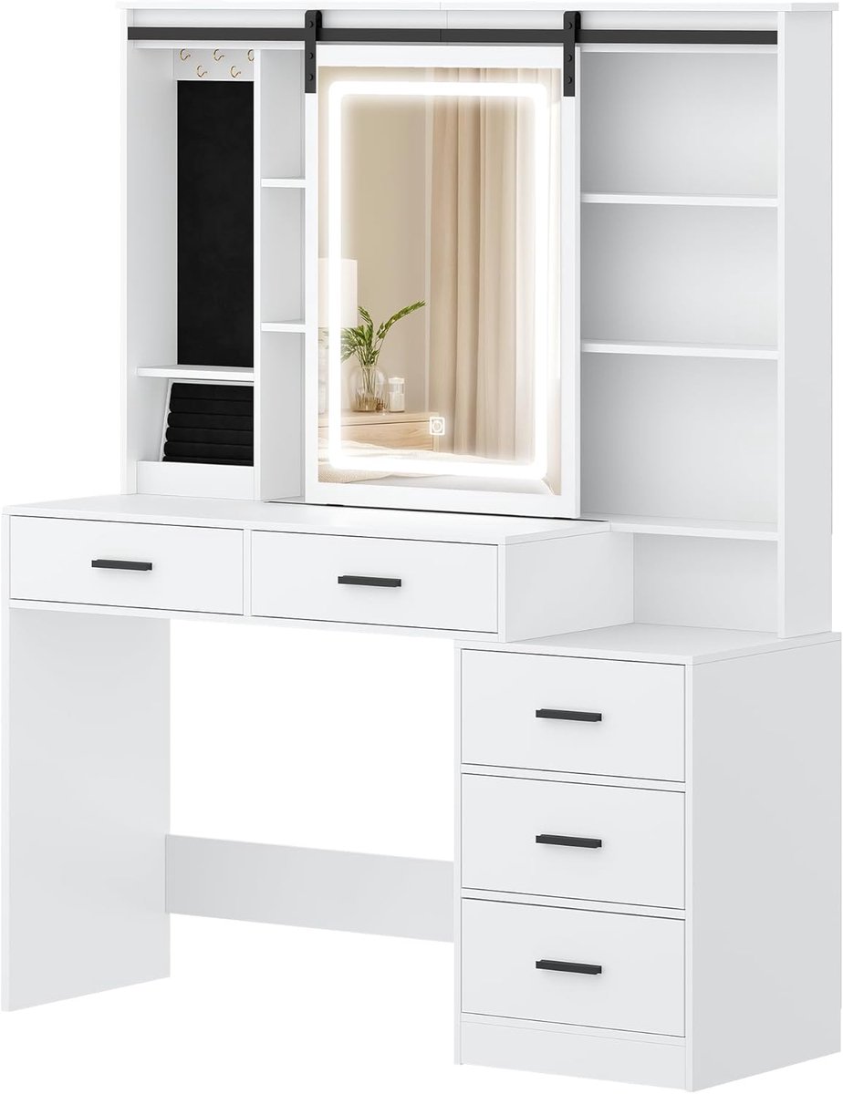 Hzuaneri 120 cm Kaptafel met Verstelbare Ledverlichting, 5 Lades,Wit