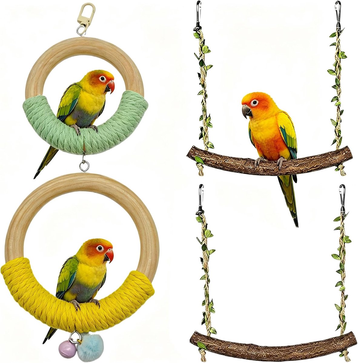 Schommels van natuurlijk hout, parkiet, schommel, natuurlijke klimhulp, vogelspeelgoed voor vogelkooi, voor de bezigheid van parkieten, kanarievogels en parkieten (A)