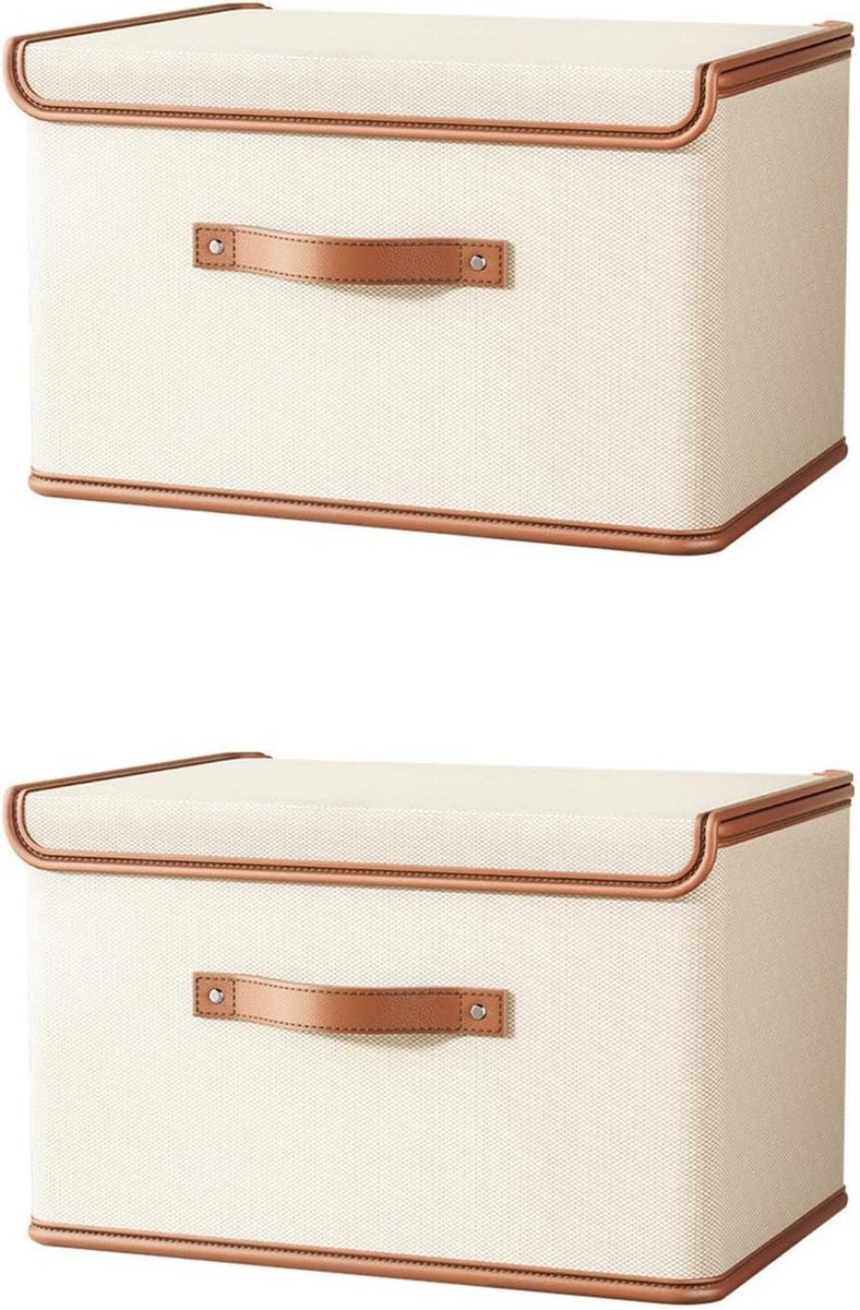 2 stuks Oxford stoffen opbergbakken met bevestigd deksel - grote kledingorganizer (44 x 30 x 29 cm), ademende opvouwbare kastbakken voor kleding, seizoensgebonden en slaapzaalorganisatie, beige
