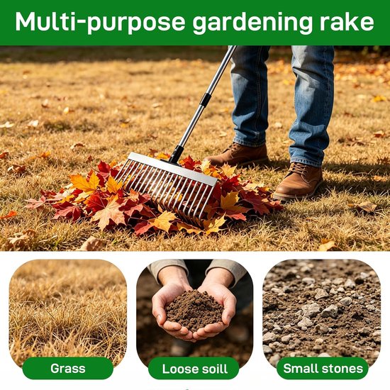Hark, tuinhark, 21 tanden, 160 cm, metalen hark, 4-traps verstelbare handgreep en afneembare hark, voor wieden, bemesten, tuinhark, bladeren, gras, bodem, tuin en gazon — afbeelding 5