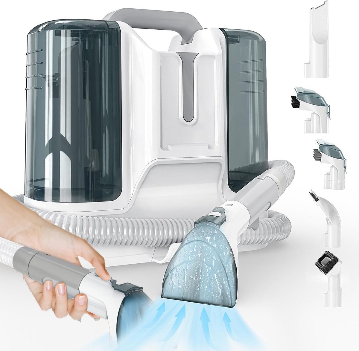 Tapijtreiniger - Meubelreiniger - 400 W Motor met 11 kPa Zuigkracht - Gescheiden Schoon- en Vuilwatertanks - 6 Reinigingskoppen - 1,2 m Slang en 5 m Kabel - Voor Tapijt, Bekleding, Banken, Trappen en Bedden