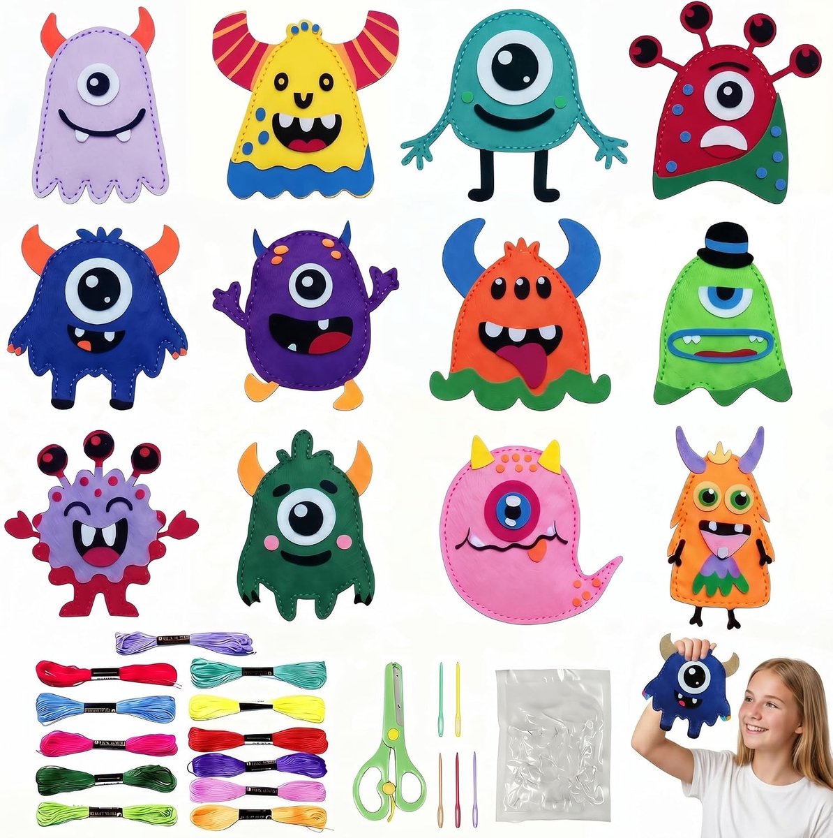 Monster vilten naaiset, 12 stuks, creatieve knutselset met plastic naalden, doe-het-zelf knutselaccessoires voor beginners, kleurrijk borduurgaren en vulwatten