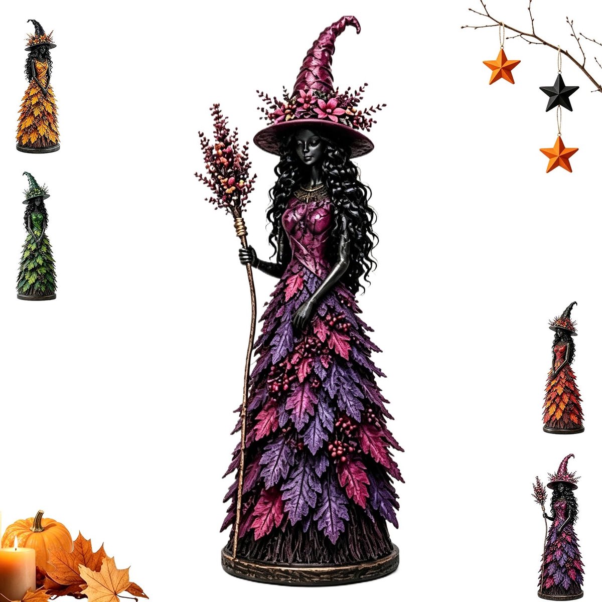 Namajunas - Charmant herfstheksenbeeldje - met Bladpatroon - 6.5x6.5x17cm - Halloween tafelbladbeeldje - Decoratie woonkamer - Hars - Feestversieringen - voor Tafel, Slaapkamer, Kantoor, Open haard - voor Thuis Feestdagen Feestdecoratie - Paars
