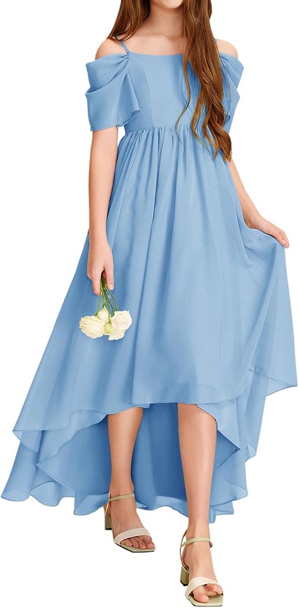 Meisjesjurk, schoudervrij, ruches, zomerjurk, kinderen, A-lijn, effen, jurk, elegante feestjurk, bruiloft, verjaardag, feestelijke jurken