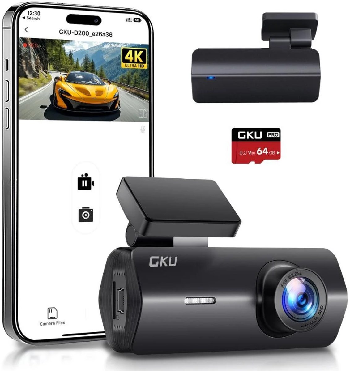 GKU Dashcam Auto Voor 4K UHD - 5.8GHz WiFi - 170° Groothoek met WDR Nachtzicht & 24H Parkeermodus - Inclusief 64GB SD-kaart