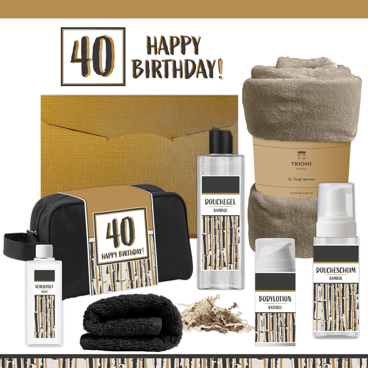 Geschenkset “40 Happy Birthday!” - 7 producten - 1390 gram | Giftset voor hem Vader Papa Veertig jaar Cadeau Luxe Wellness Pakket Man Speciaal Cadeaupakket Doos Handdoeken Fleecedeken Geschenk Cadeaudoos Verjaardag Vriend Gift Set Douche Taupe Goud