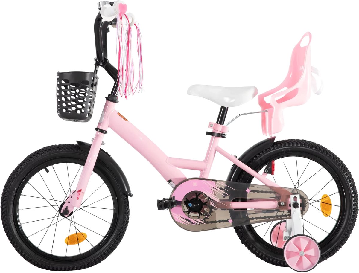 Happiq Kinderfiets – Voor meisjes 3–10 jaar – Met zijwieltjes streamers mand en poppenzitje – Pink-16 Inch