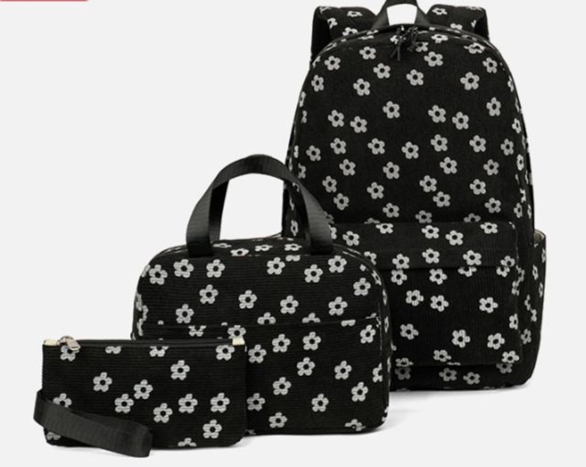 Schoolrugzak - Reisrugzak Set van 3 Stuks - Lunchtas en Make-uptasje - voor Vrouwen - Kantoor en Woon-werkverkeer - Zwart