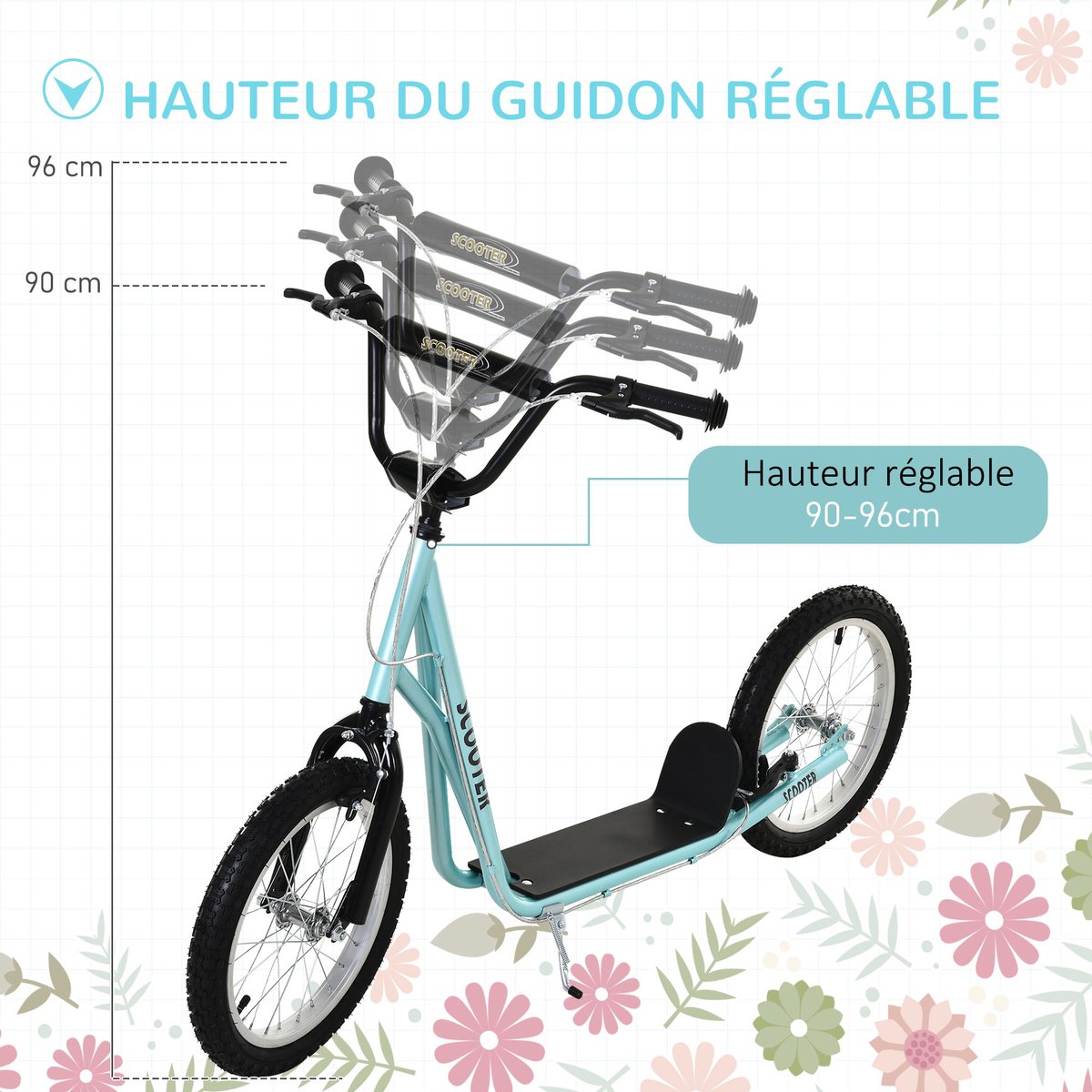 1 stuk - scooter geschikt voor kinderen van 5 jaar en ouder - grote rubberen banden - verstelbare handgrepen - met remmen en steunen - stalen frame - maximaal gewicht 100 kg - blauw