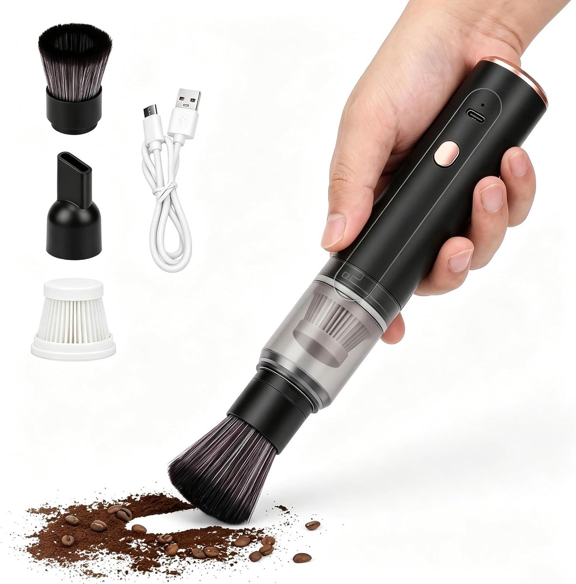 KZQ Koffiemolenreiniger – Draadloze mini-stofzuiger voor koffiepoeder – Draagbaar hulpmiddel voor het verwijderen van koffieresten – Geschikt voor auto, huis en kantoor – Draagbare reiniger voor espressomolens (Zwart)