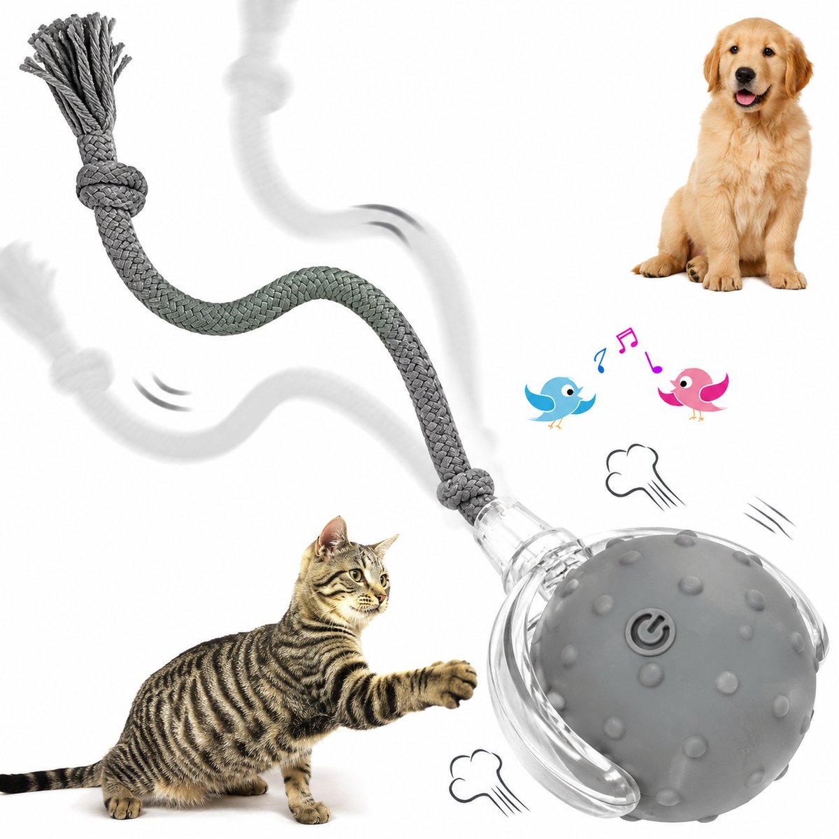ZVD Interactief huisdierspeelgoed - Kattenspeelgoed - Met vogelgeluiden en een touwtje - Interactieve speelbal voor katten en honden - Slim automatisch rollen 360° - Elektrische speelbal voor katten en honden - Grijs