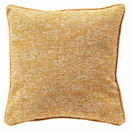 Gele sierkussen 45x45 cm met een gemêleerde textuur en okergele bies.