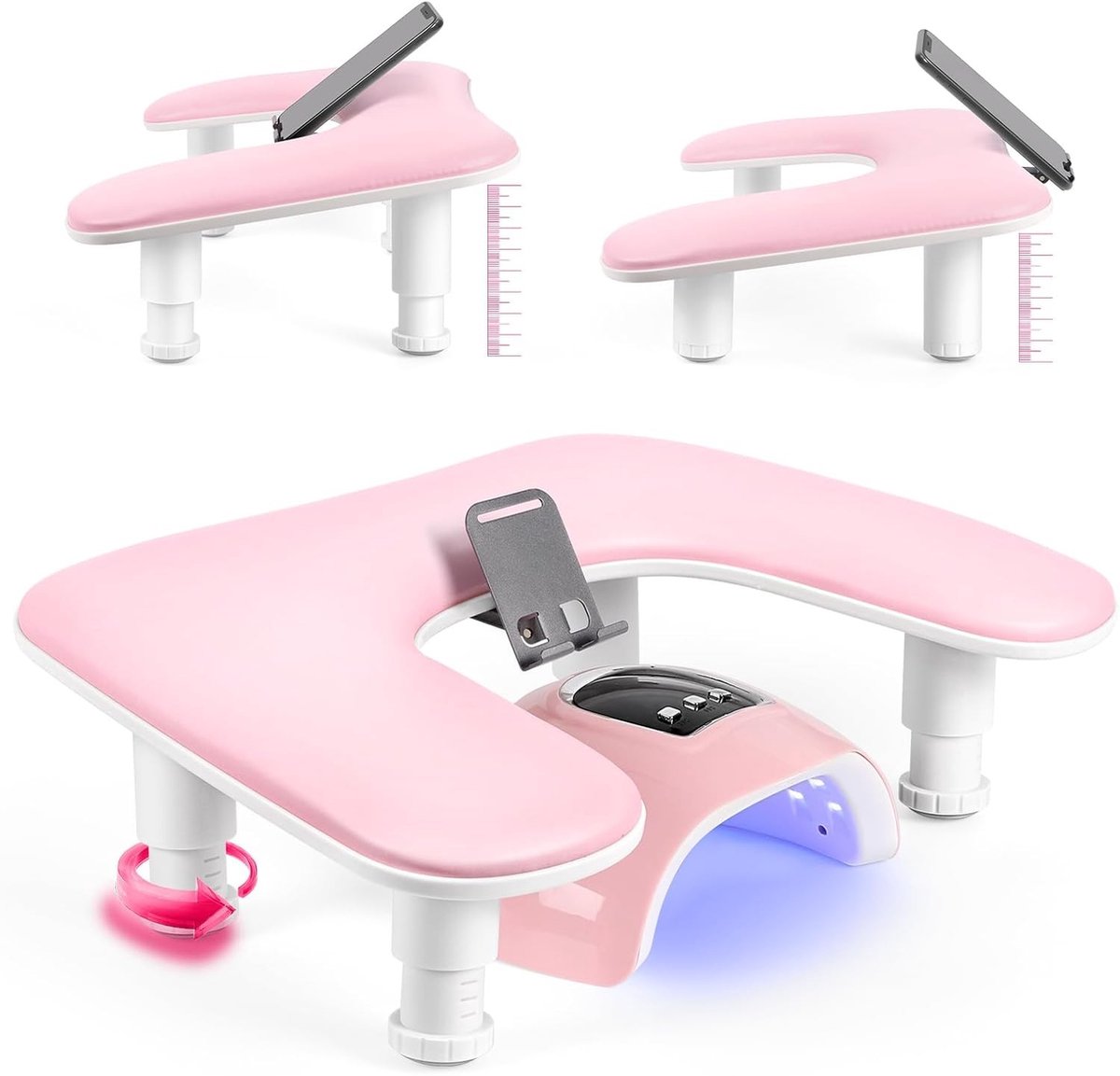 Manicure Nagelarmsteun - Roze - 43,5 x 28 x 36,5 cm - Verstelbare Handsteun met Telefoonhouder - Voor Nageltechnici en Thuisgebruik