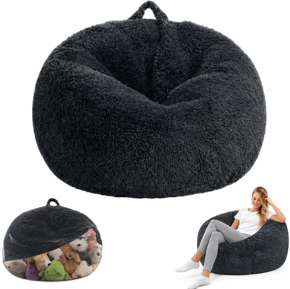 Zitzakhoes (zonder vulling), 70 x 80 cm / 200 l, pluizige knuffeldieren-opslag, grote beanbag, wollige langharige kunstbont, zitzakhoes voor pluche dieren