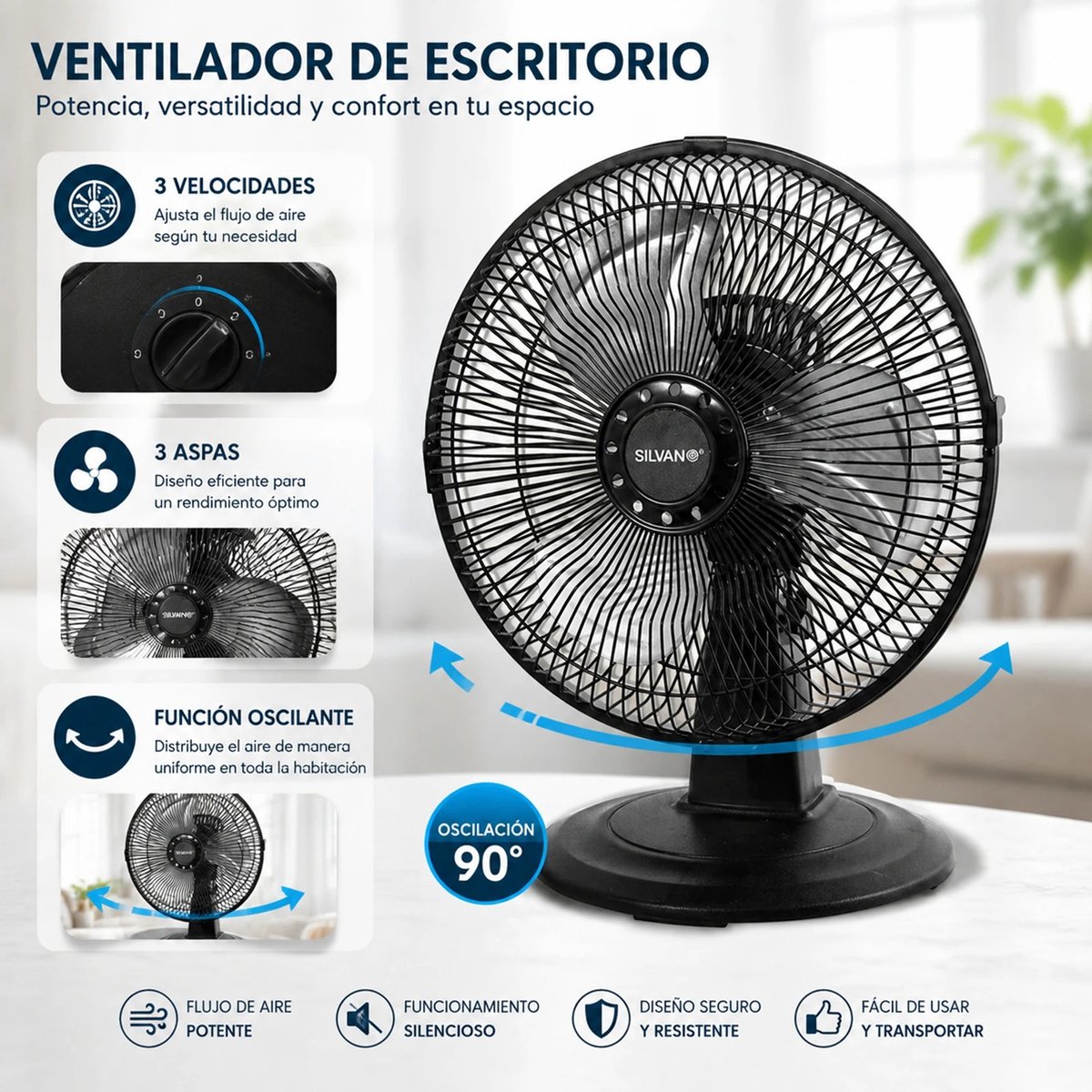 Wentinkmo tafelventilator 30cm - 3 snelheden laag - verstelbare kantelhoek.