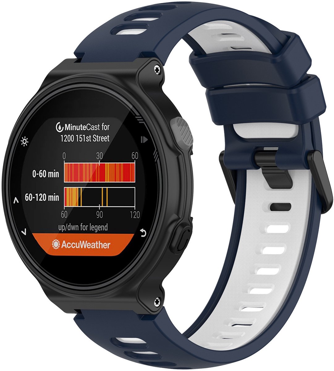 Stravo Sport Bandje – Geschikt voor Garmin Forerunner 735XT / 235 / 230 / 220 / 620 / 630 – Siliconen Horlogeband – Polsband – Donkerblauw / Wit