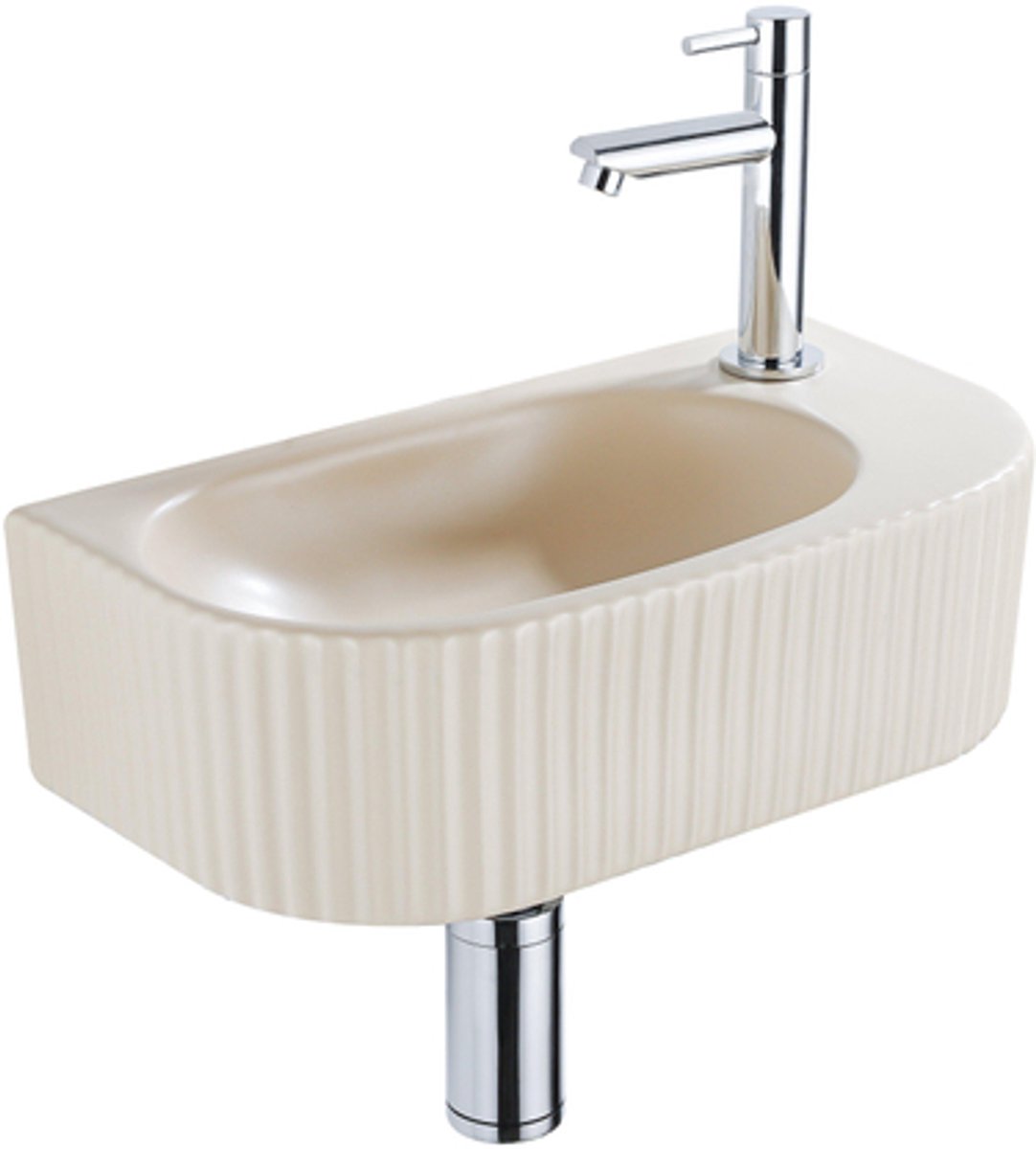 Fugaflow Efficiente Pietra Fonteinset - 40x21.5x12cm - rechts - geribbeld - halfrond - 1 kraangat - keramiek - fonteinkraan chroom - afvoerplug - verlaagd sifon - beige