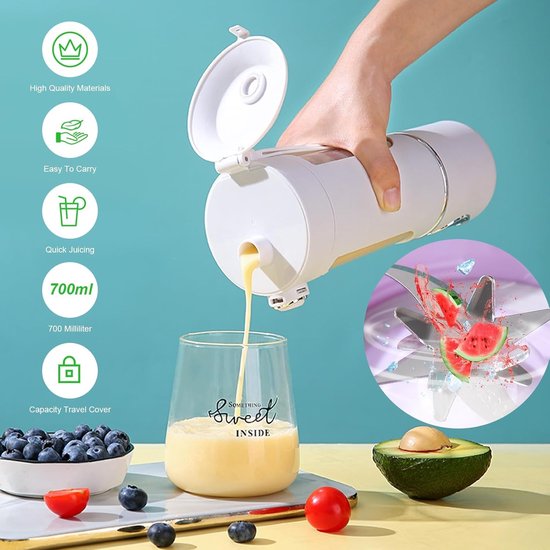 Draagbare Blender - Smoothie Maker Mini Mixer - Gezonde Drankjes Maken - 12 Scherpe Bladen - 700 ml - Wit — afbeelding 3